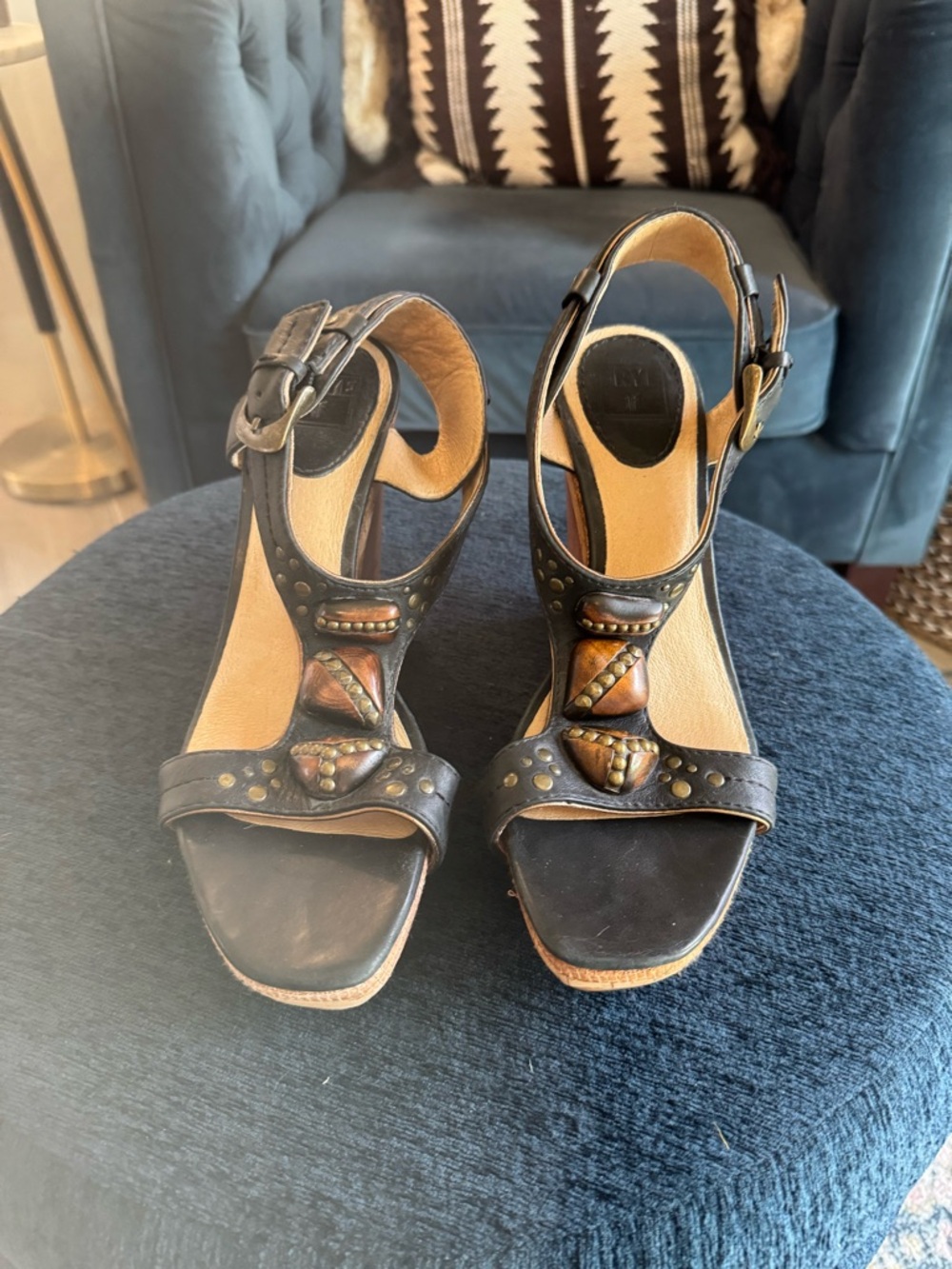 FRYE AND CO. Black Leather T-Strap Heels with Brown Accents